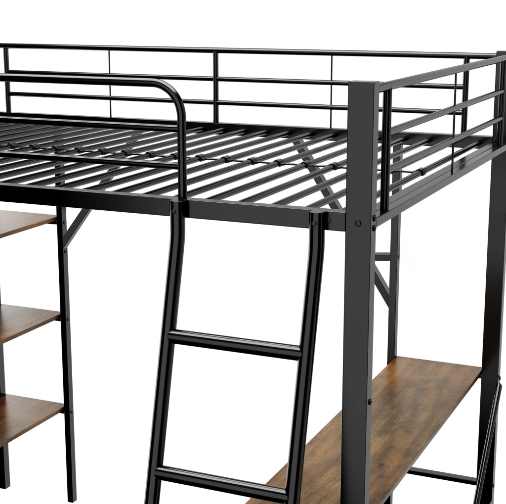 Letto a soppalco 90x200 cm con scrivania e 3 ripiani; metallo; nero