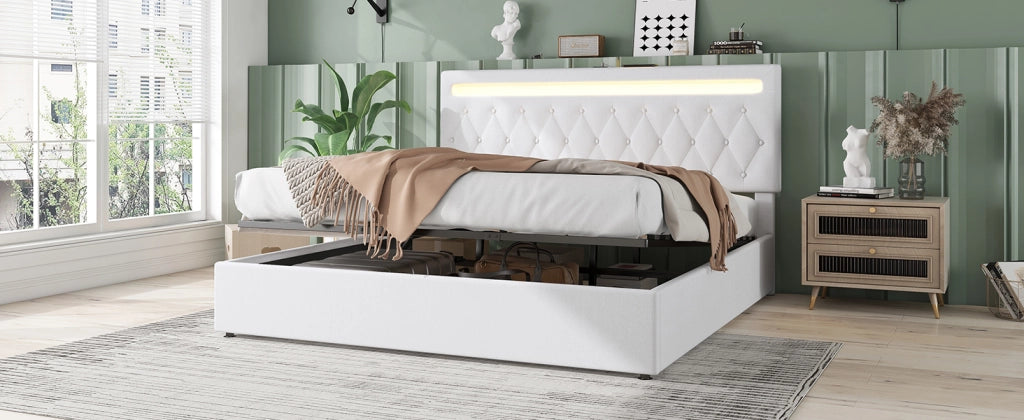 DESMIU Letto matrimoniale 180 × 200 cm 2 posti con contenitore idraulico, USB e LED, senza materasso, bianco