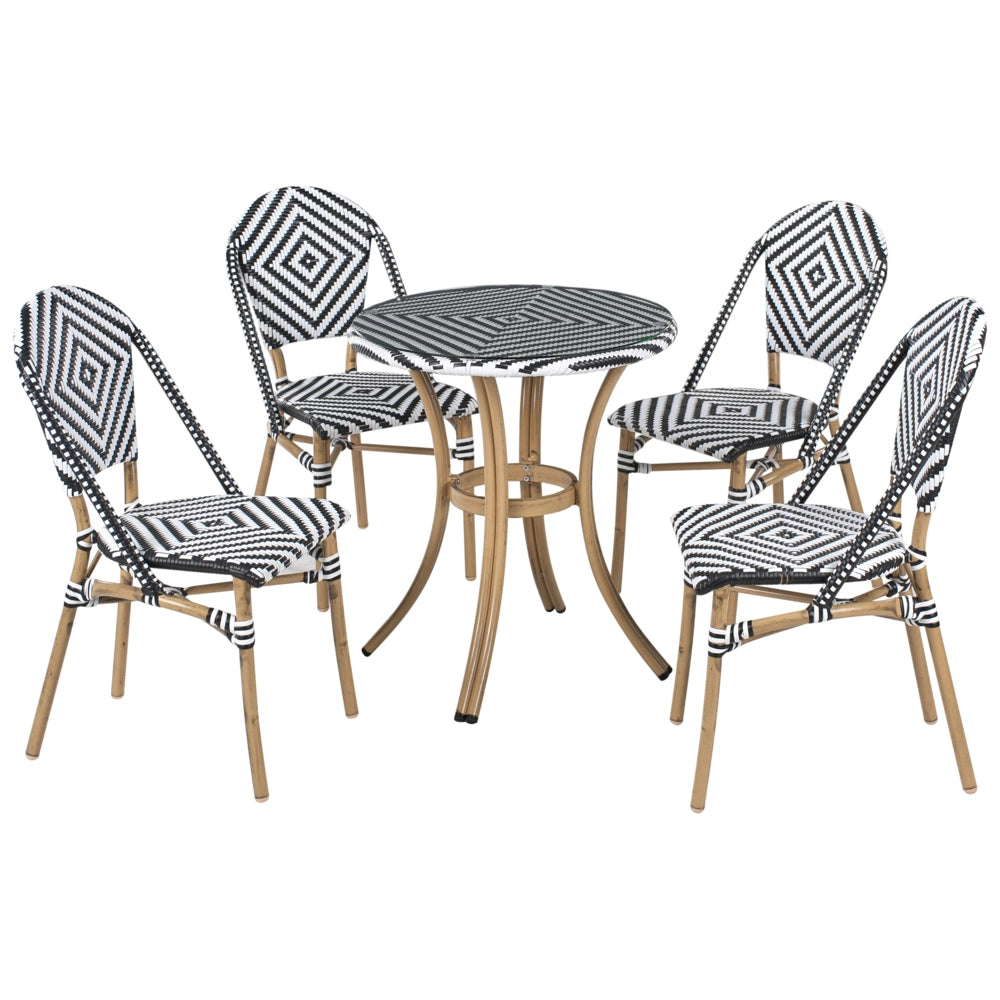 Set da pranzo da giardino a 4 posti Piano in rattan sintetico bianco e Nero Tavolo ø 70 e 4 strutture in alluminio impilabili