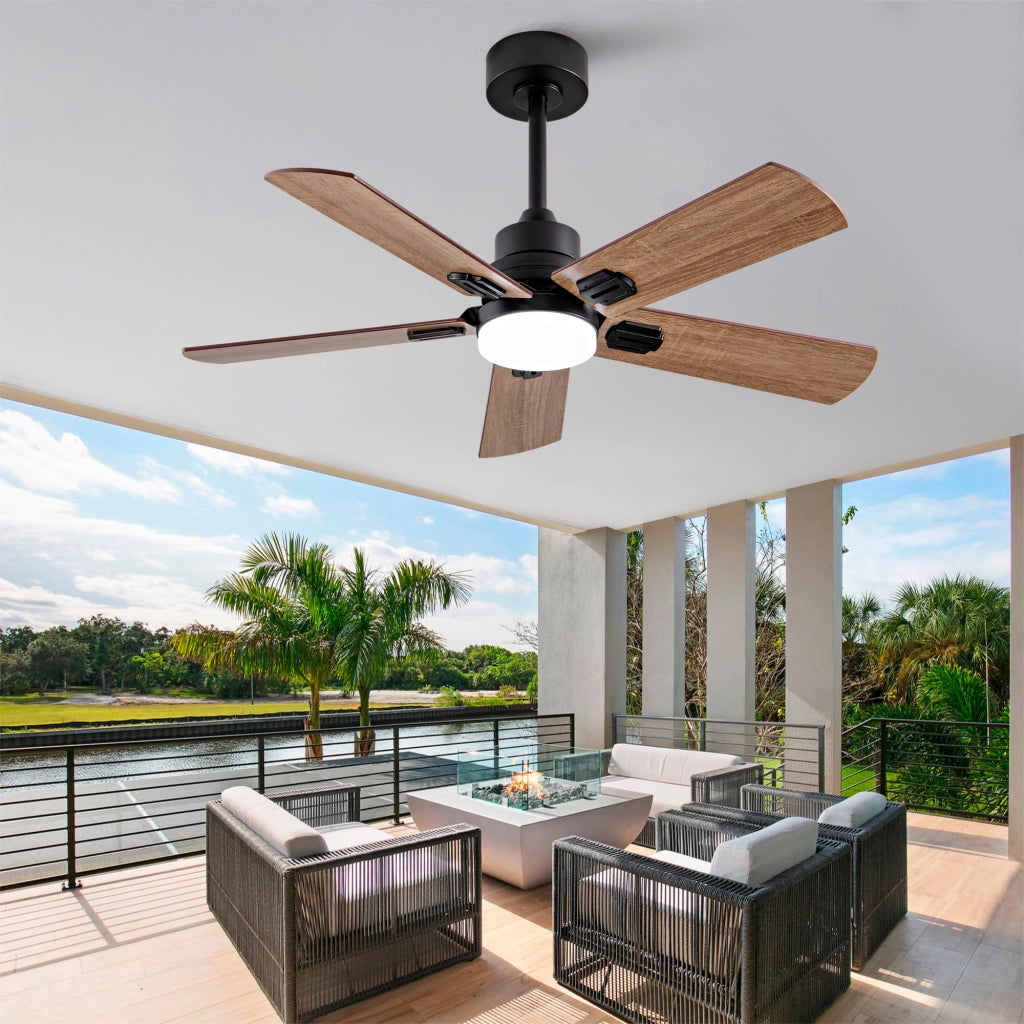 Ventilatore da soffitto esterno nero 42 pollici con luce e telecomando, 5 pale dimmerabili, per terrazze, camere e soggiorni