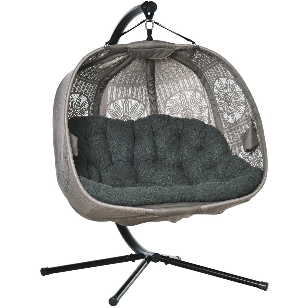 Poltrona sospesa per 2 persone con supporto pieghevole; 132x126x172 cm; in acciaio; sabbia