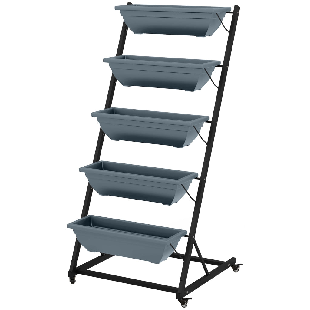 Fioriera a 4 livelli in acciaio grigio con vasi in plastica, design salvaspazio per interno ed esterno