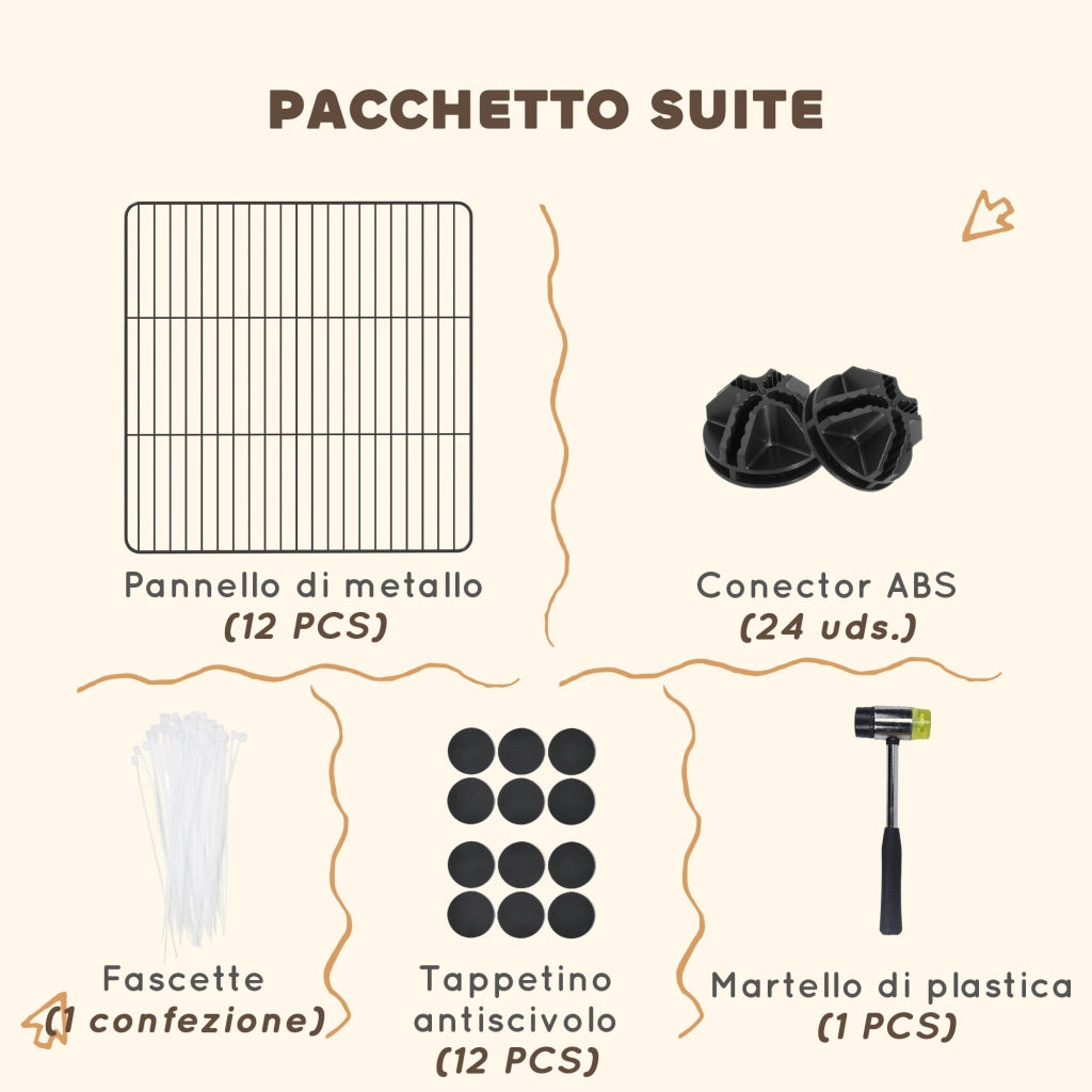 Recinto per Animali Modulabile e Multilivello 140x70x35 cm con 12 Pannelli e Bordi Arrotondati in Metallo e ABS Nero
