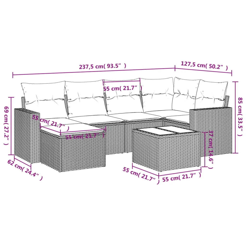 Set Divani da Giardino 7 pz con Cuscini Beige in Polyrattan