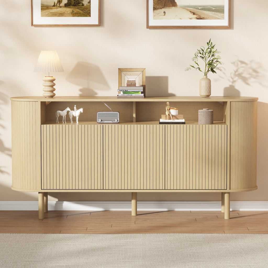 Credenza Sideboard 160 cm con 3 ante a onde, 2 vani aperti, struttura in truciolare e gambe in legno massello