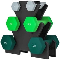 Kit Pesi Esagonali da 18 kg Totali con Supporto Incluso, in Acciaio, Metallo e Plastica, Multicolore