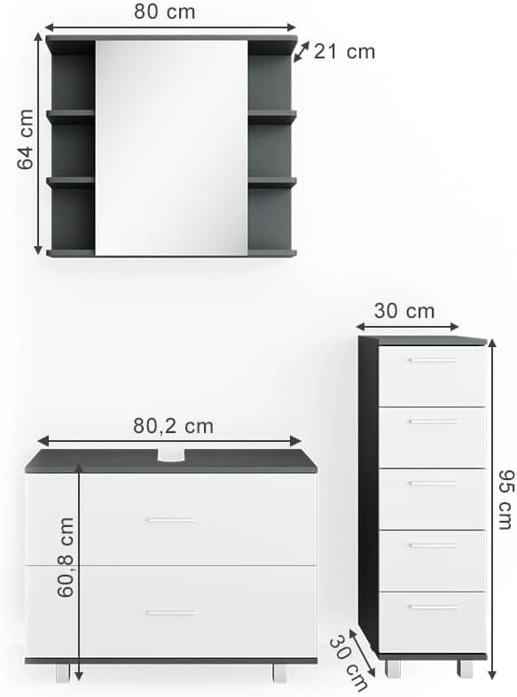 Set mobili bagno Ilias, Bianco/antracite, 80 cm, composto da mobile sottolavabo, specchiera e mobile medio