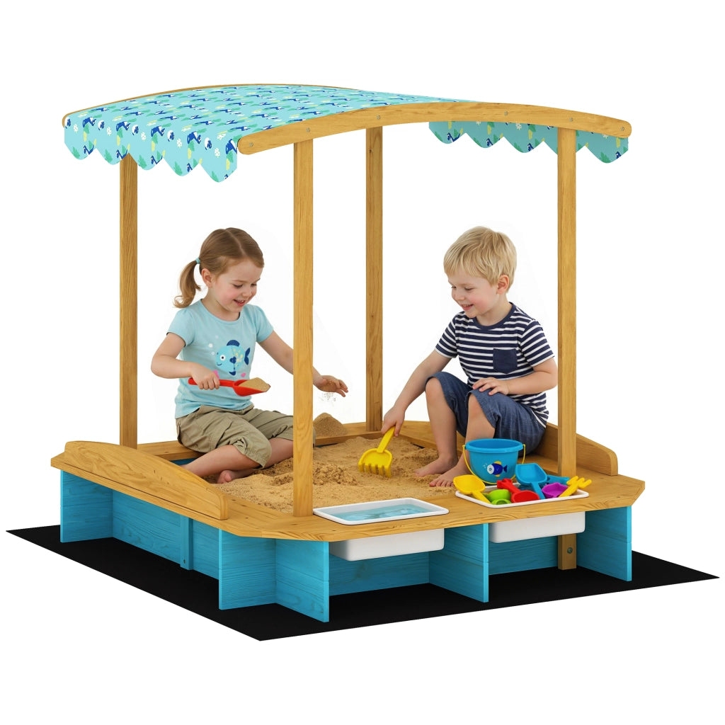 Arenero per Bambini in Legno con Tetto 3 Panchine 2 Contenitori in PP ¨C zephmum ¨C 128x118x121 cm Blu