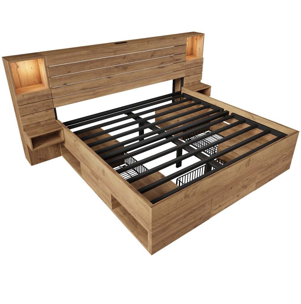 Letto matrimoniale 180x200 cm con LED; porte USB e Type-C; contenitore; effetto rovere