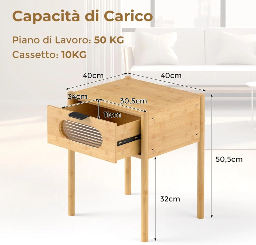 Comodino Camera da Letto in Bambù, Comodino con Cassetto in Vetro Temperato e Maniglia, Tavolino da Letto Piccolo con Gambe Rialzate per Soggiorno, Cameretta e Spazi Ridotti, Naturale (1)