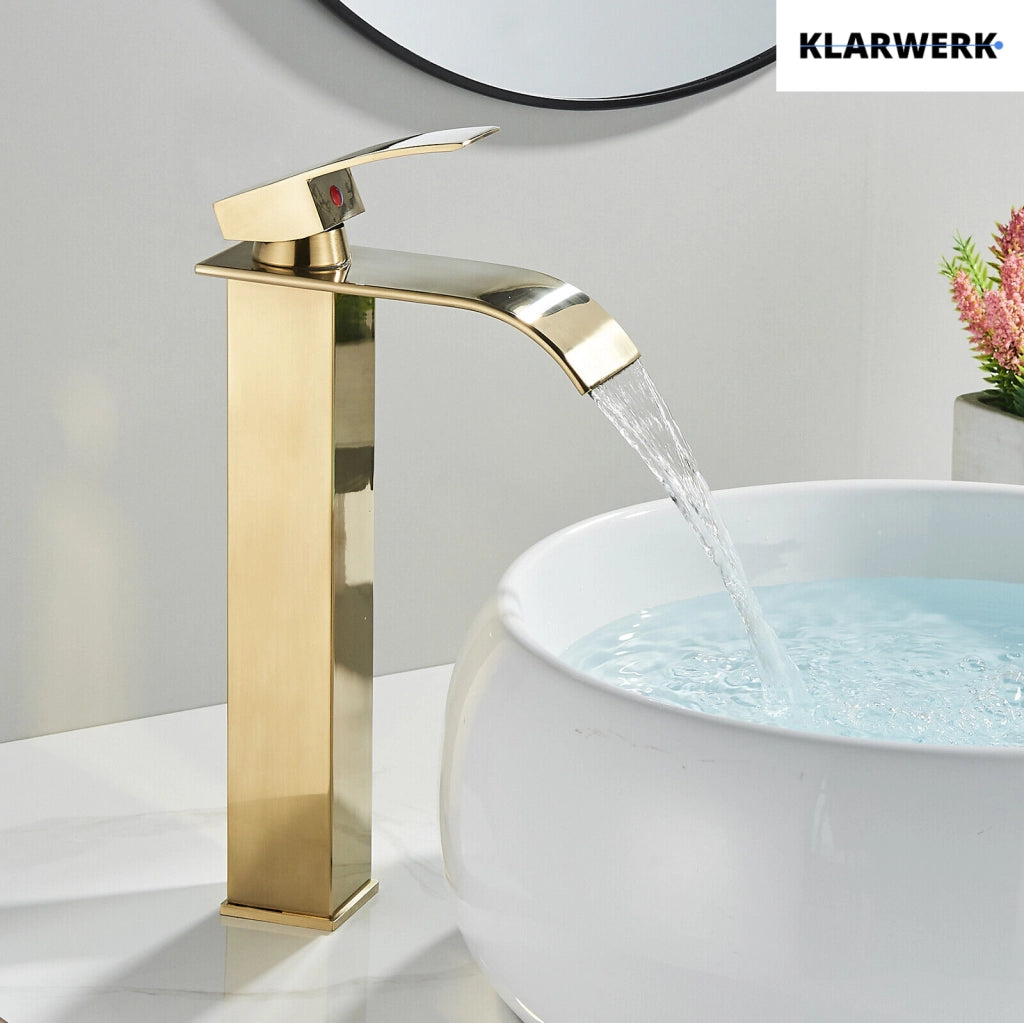 ROSA | Rubinetto da bagno premium a cascata alta oro | Miscelatore Hotel Gastro Premium per lavabo freestanding - in acciaio inox con bocca alta