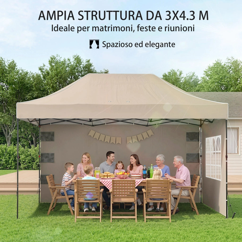 Gazebo Pop Up Pieghevole 430x290x315 cm con Pareti Laterali e Finestre in Metallo e Tessuto Oxford Marrone Sabbia