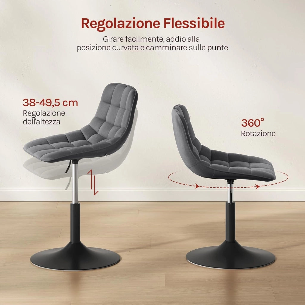 Sgabello da Trucco Sedia Alta da Cucina con Schienale Altezza Regolabile Girevole 360° in Velluto Grigio Scuro, 38-49.5cm