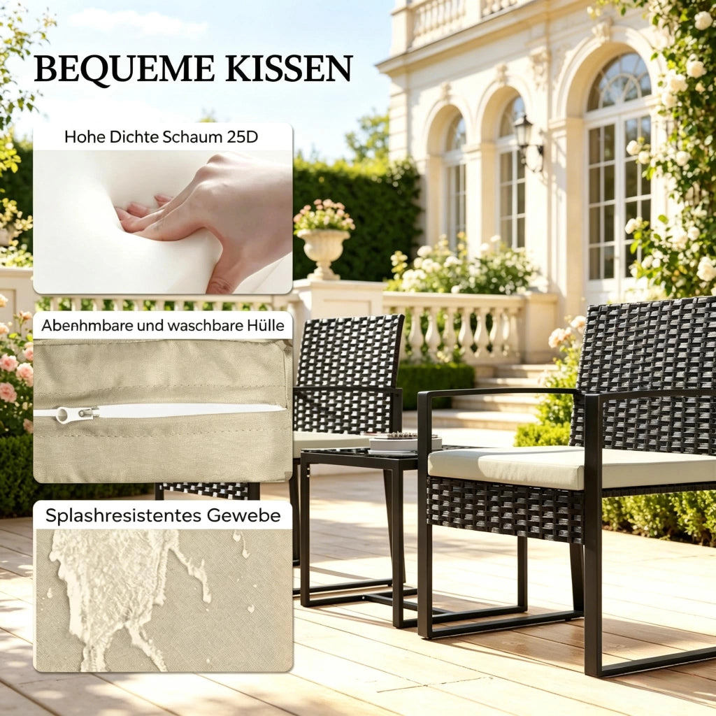 SET GARDINO Tavolo bistrot 40x40 cm con 2 sedie e 2 cuscini in rattan PE nero/marrone