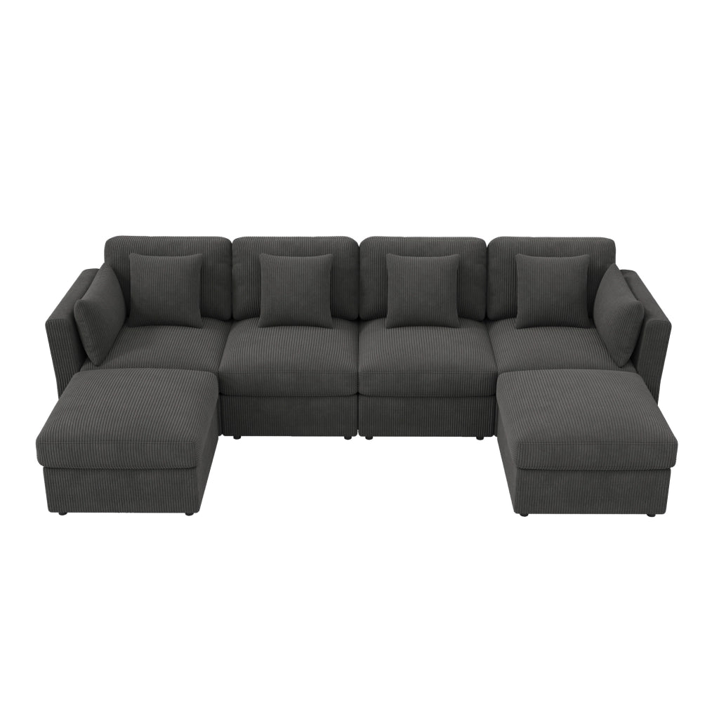 Divano modulare grigio in velluto a coste con 2 pouf