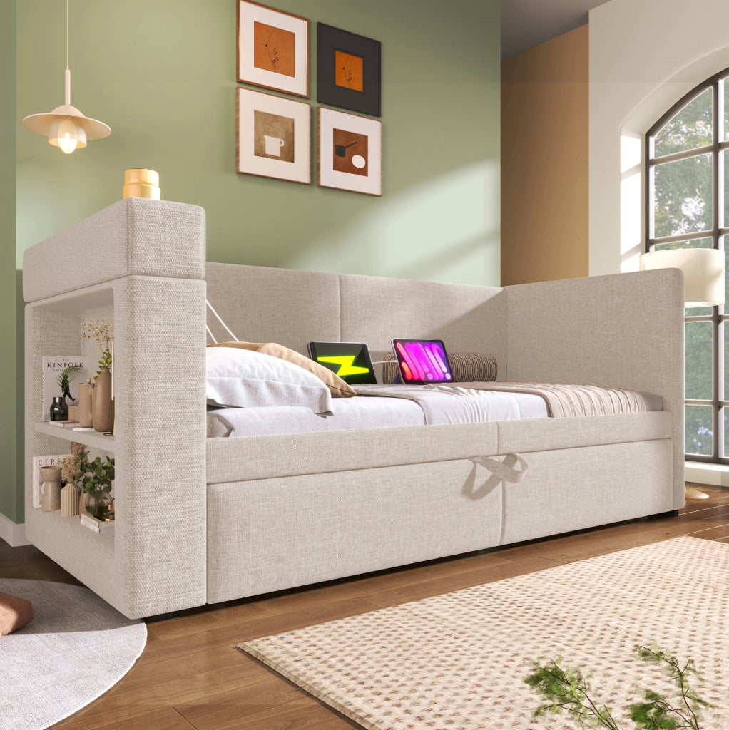 Divano letto 90x200 cm con letto estraibile e braccioli in cotone e lino beige