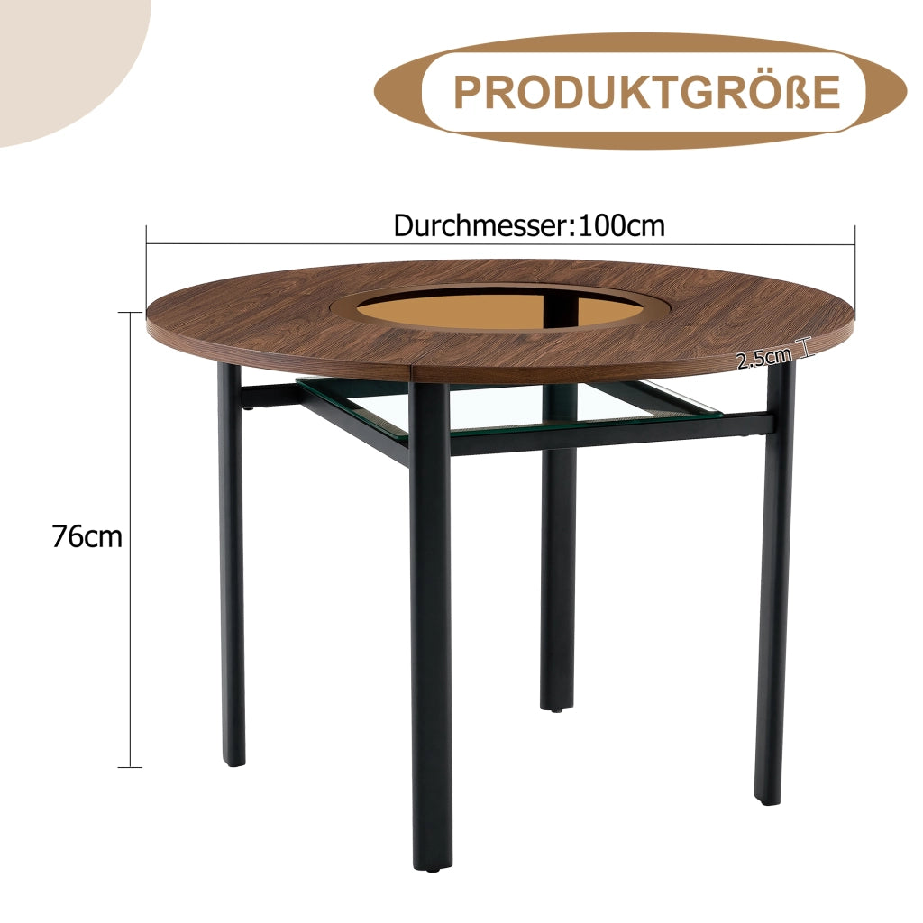 Tavolo da pranzo - rotondo Ø100 cm - design minimalista - effetto legno marrone - vetro grigio - per 2-4 persone