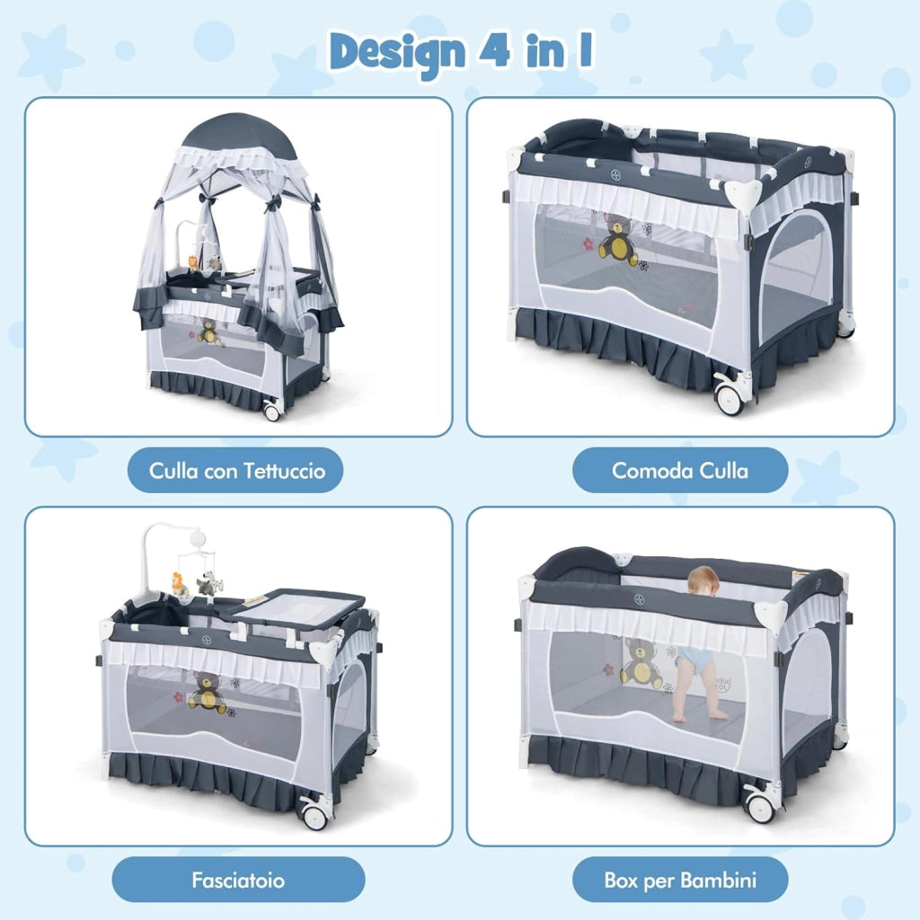 Lettino da Campeggio per Bambini, Culla Pieghevole con Fasciatoio Zanzariera, Box Neonati con Giocattoli, Ruote, per Bambini 0-36 Mesi (Grigio)
