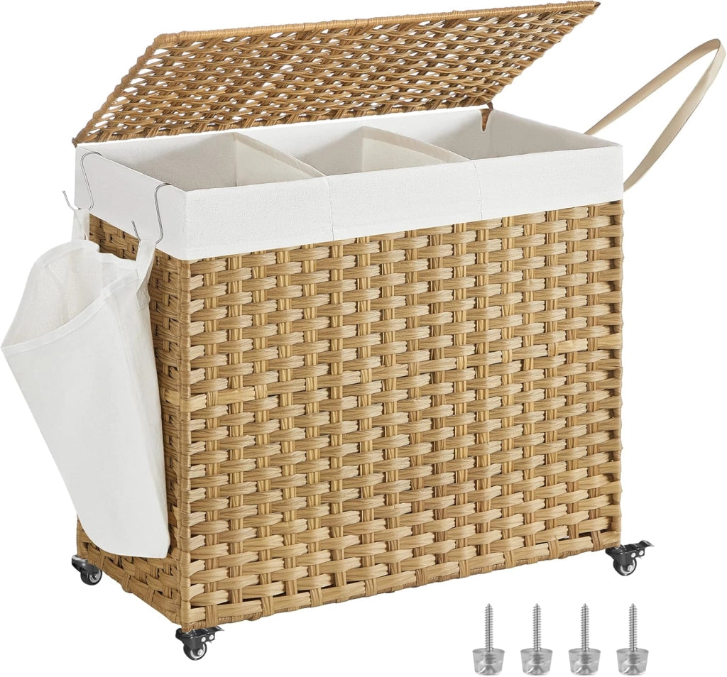 SONGMICS Cesto Portabiancheria con Coperchio, 140L, Cesta Biancheria in Rattan Sintetico con Ruote, 3 Scomparti, Sacco Rimovibile, Lavanderia Camera da Letto, 66 x 33 x 66 cm, Naturale LCB363N01
