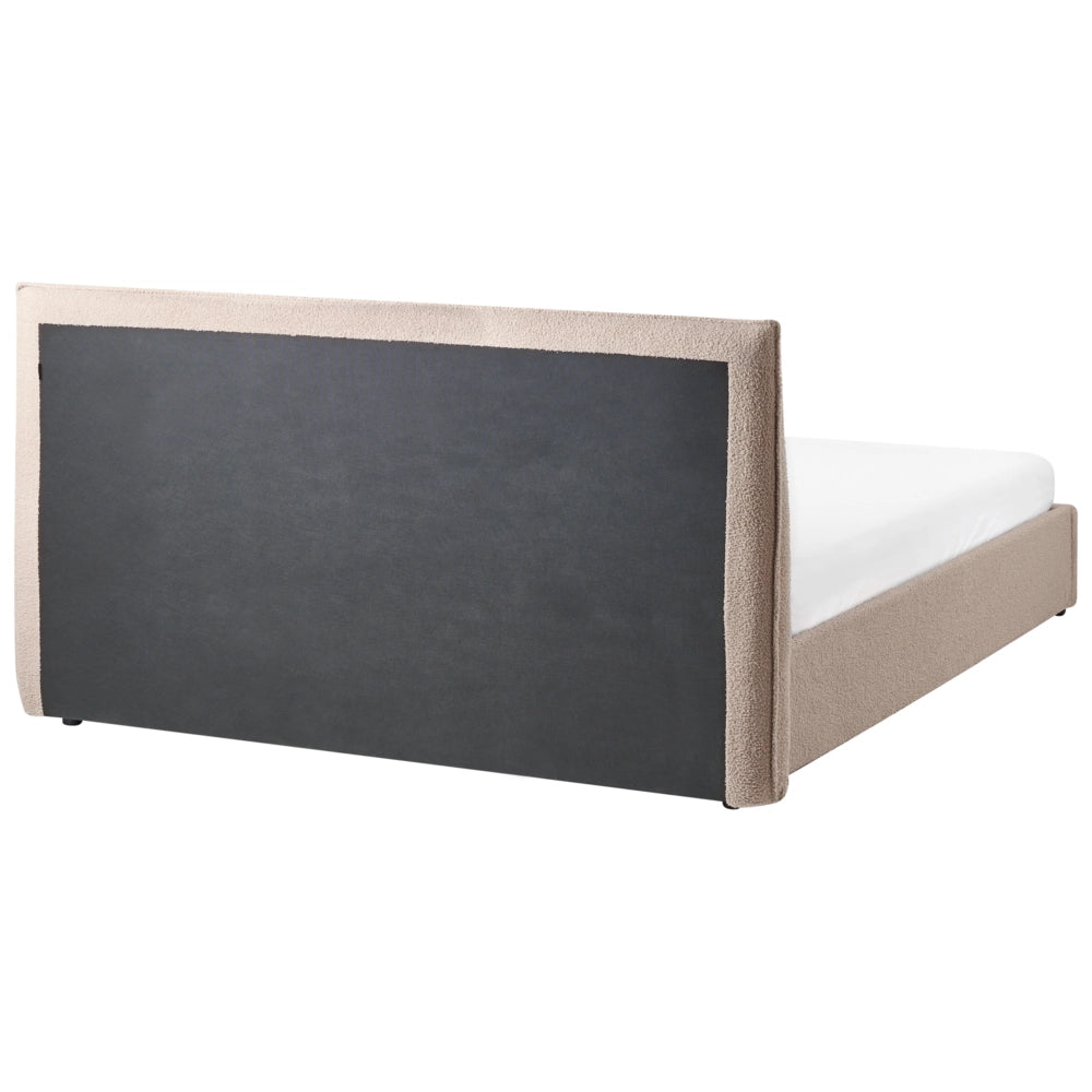 Letto matrimoniale con contenitore in tessuto bouclé tortora con testiera 160 x 200 cm Doghe in legno