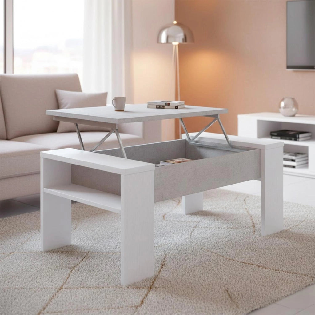 Tavolino Da Living Trasformabile Con Piano Sollevabile E Vano Contenitore Tavolo Moderno Per Salotto Soggiorno Smart Working 98 X 50 X 43 Cm Bianco E Grigio Cemento