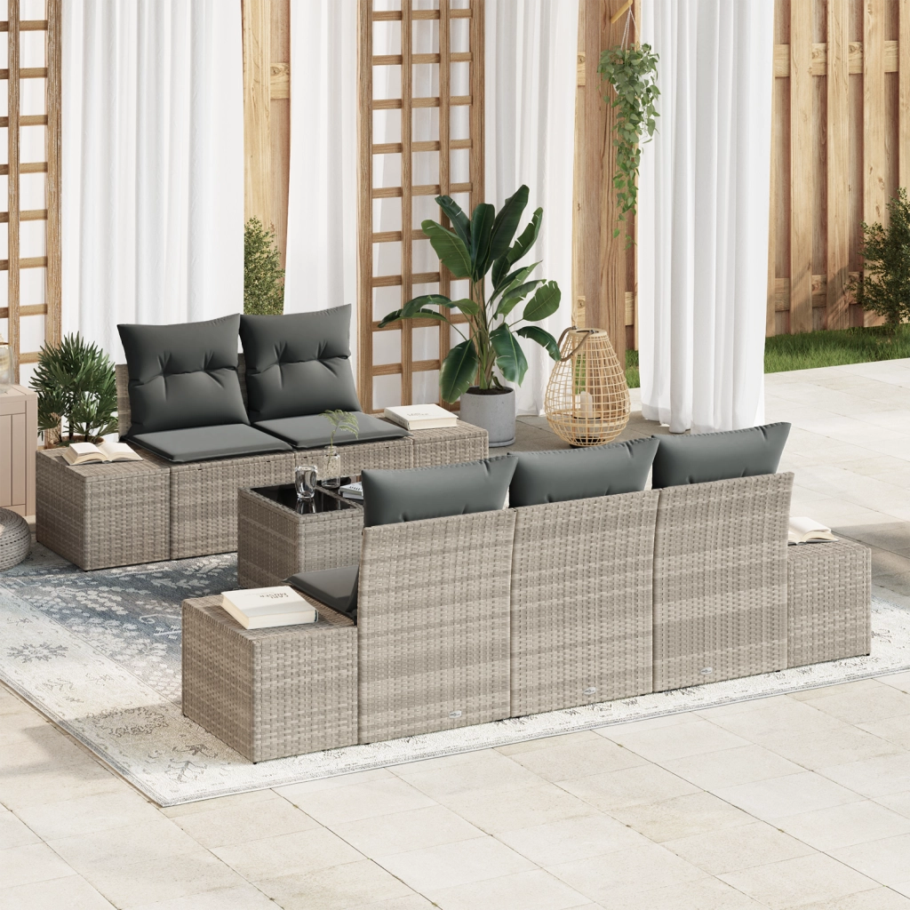 Set di divani da giardino da 6 pezzi con cuscini Grigio chiaro Polyrattan