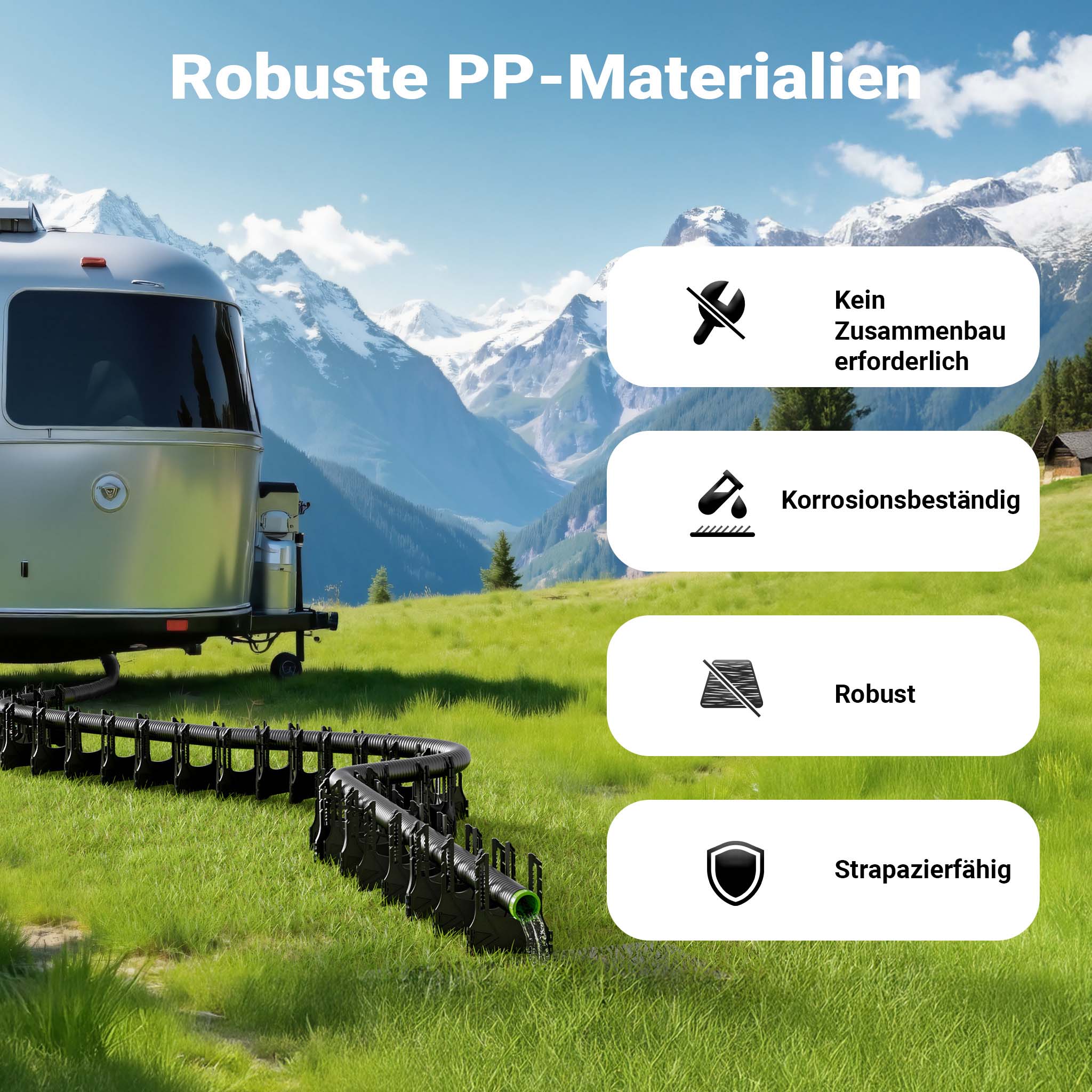 Supporto per tubi acqua di scarico camper caravan e roulotte 4,5 m, estensibile per tubazioni fino a Ø 94 mm, per smaltimento acque nere e grigie in campeggio