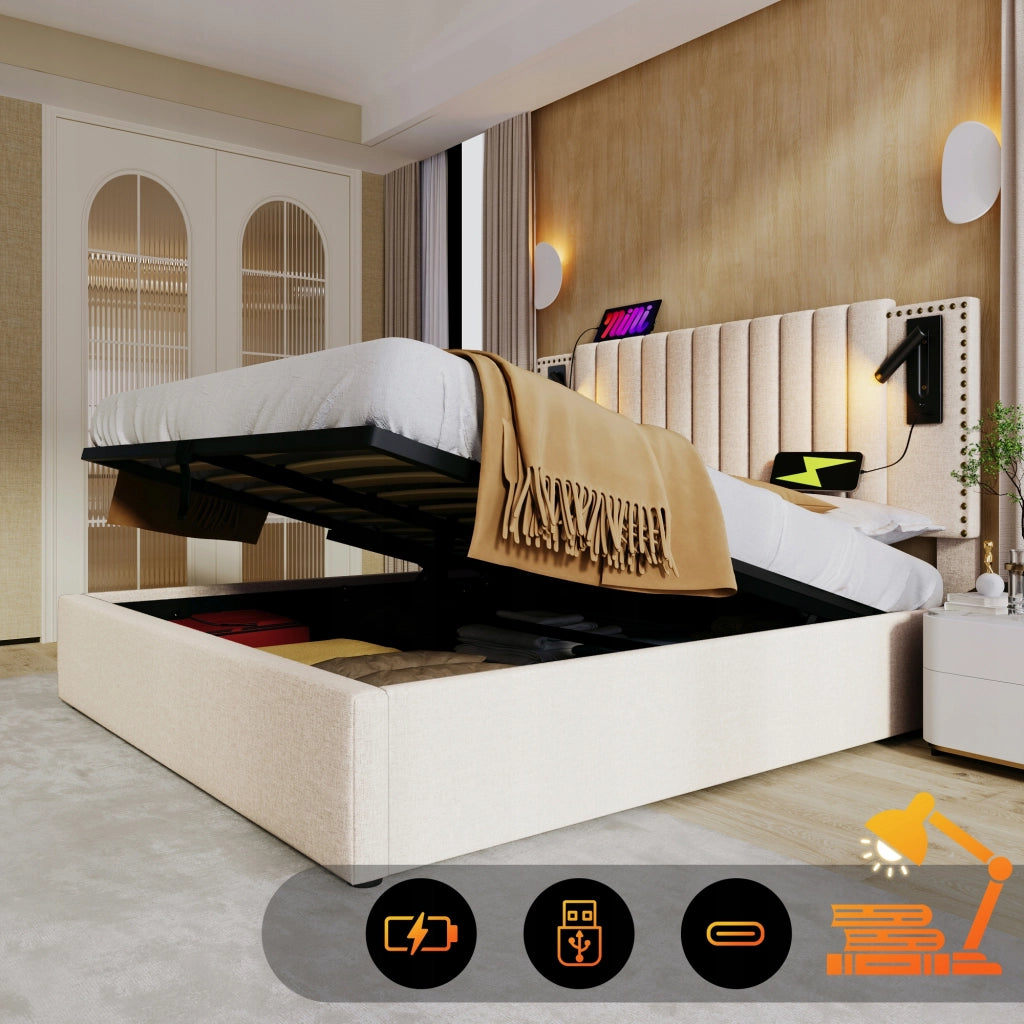 Letto matrimoniale - Xylo - 160x200 - Beige - USB e testiera non trapuntata