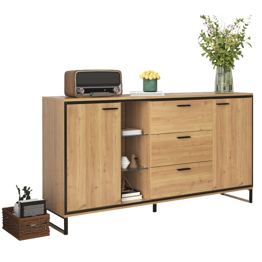Credenza con 3 Cassetti e Vani; LED 16 Colori; Stile Moderno; in Pannello Truciolare; Naturale; 160¡Á40¡Á85 cm