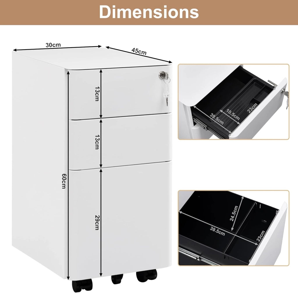 Cassettiera a 3 Cassetti, Schedario da Ufficio in Metallo, Organizer per Documenti con 5 Ruote, Cassettiera con Chiave, per Formato A4 Letter Legal in Studio, 30x45x60cm, Bianco, ASK10ws