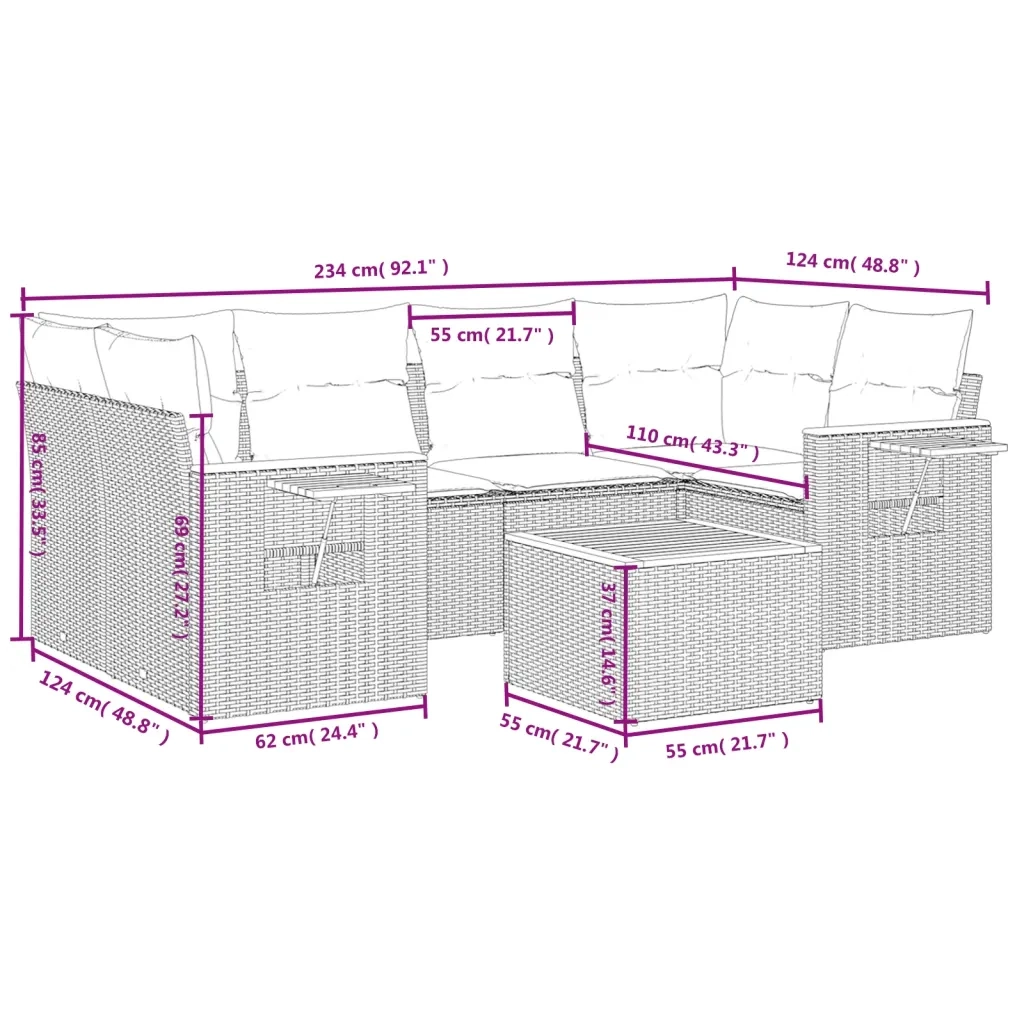 Set Divani da Giardino 7 pz con Cuscini Beige in Polyrattan