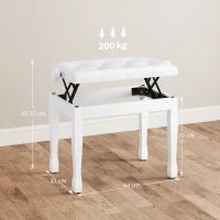 Panca per pianoforte, regolabile in altezza in legno massello, seduta imbottita, 64 x 35 x 45-55 cm, Bianco