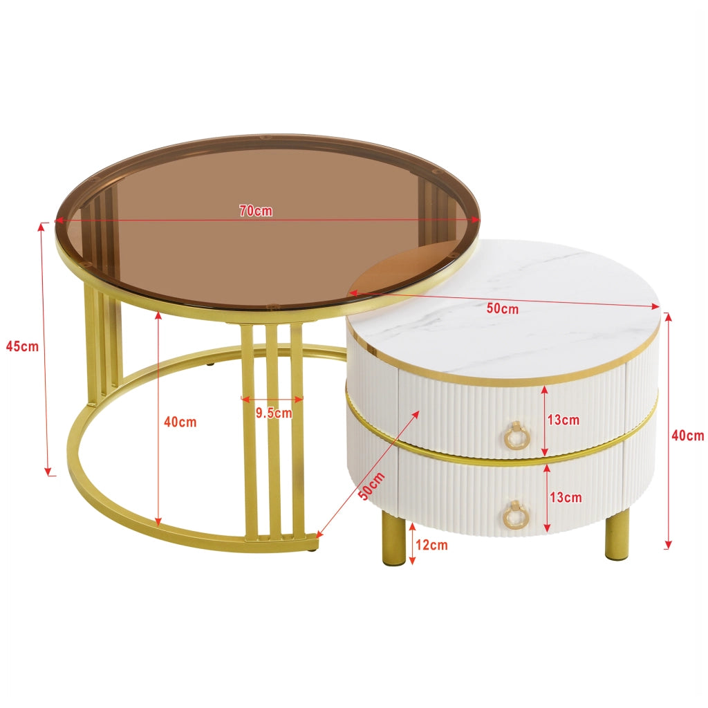 Tavolino da caffè set di 2; 70x70x45 cm e 50x50x40 cm; design rotondo con 2 cassetti; vetro e MDF bianco
