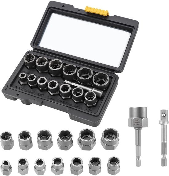 Set di Chiave a Lame a Rotazione 28 Pezzi - Strumento di Rimozione di Bullone - Set di Bullonerettrice - Acciaio Cromo-Vanadio - 6,35 mm/19 mm - Scatola Compatta 16,7 x 9,5 x 4 cm - Bullonerettrice