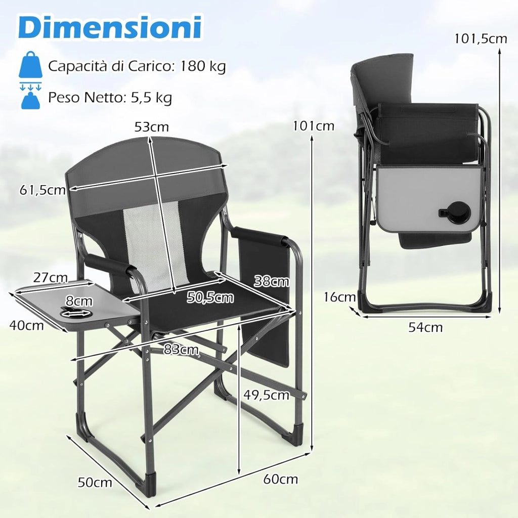 Sedia da Campeggio Pieghevole, Sedia da Regista con Tavolino Laterale, Portabicchieri e Tasca Portaoggetti, Portata 180 kg, Poltrona da Esterno per Spiaggia, Pesca e Picnic (Nero)