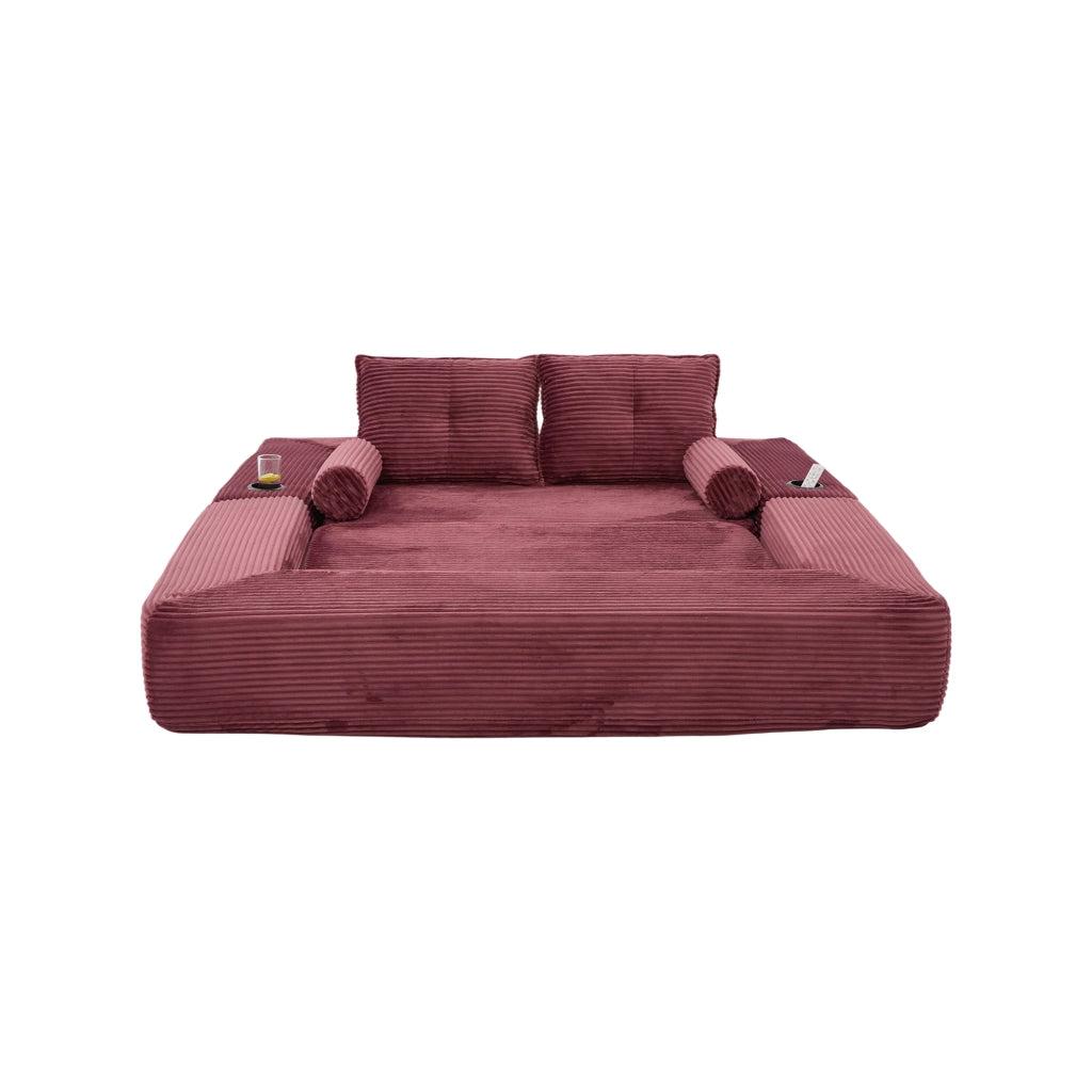 Divano letto in velluto a coste con cuscini memory, tasche laterali e portabicchieri, vino rosso 180 × 98 × 80 cm