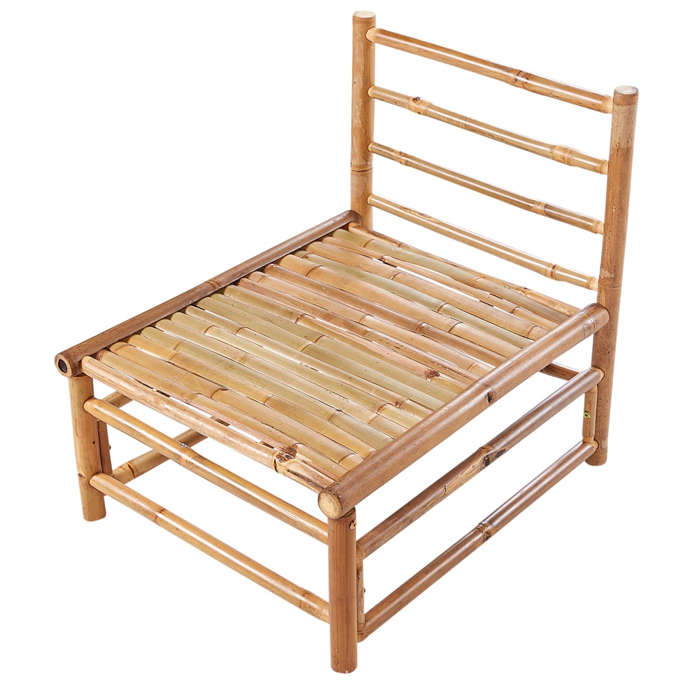 Set da giardino angolare composto da divano 2 posti 2 poltrone e tavolino in bambù naturale con cuscini tortora esterno stile elegante