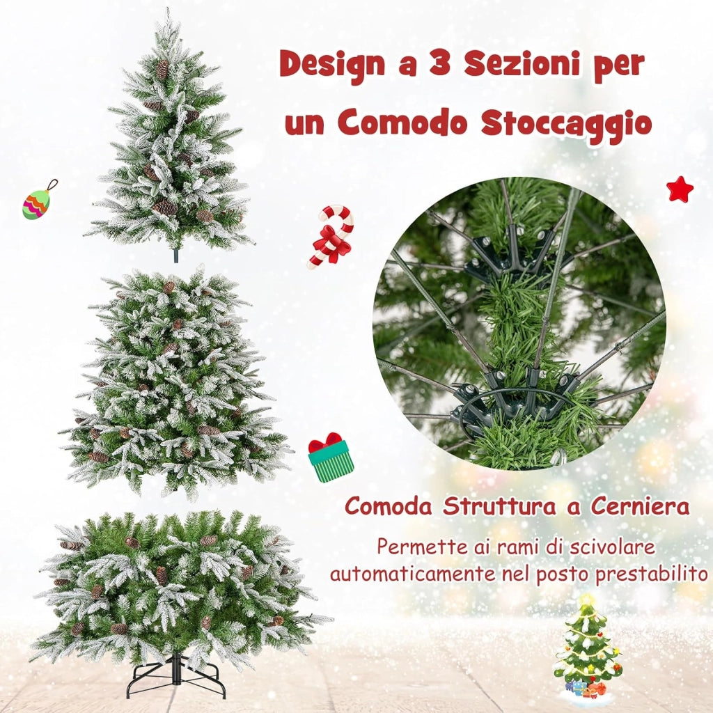 Albero di Natale Artificiale Pre-Luminoso 225 CM, Albero di Natale Innevato con 470 Luci LED Bianche Calde, 1135 Punte, 81 Pigne e Base Metallica (225 CM)