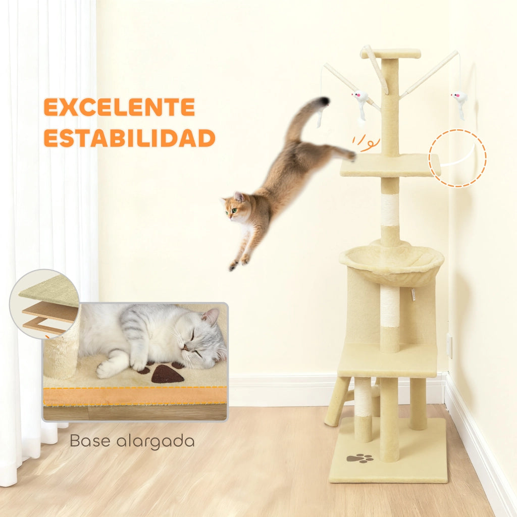 Albero tiragraffi per gatti con 6 posti, 3 piattaforme, tana, amaca, scala e 4 giochi ¨C zephmum ¨C beige, 134 cm