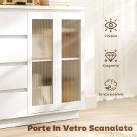 Credenza Buffet in Legno con 4 Cassetti e Armadietto con Ante in Vetro e Ripiani Regolabili, 120x40x91 cm, Bianco