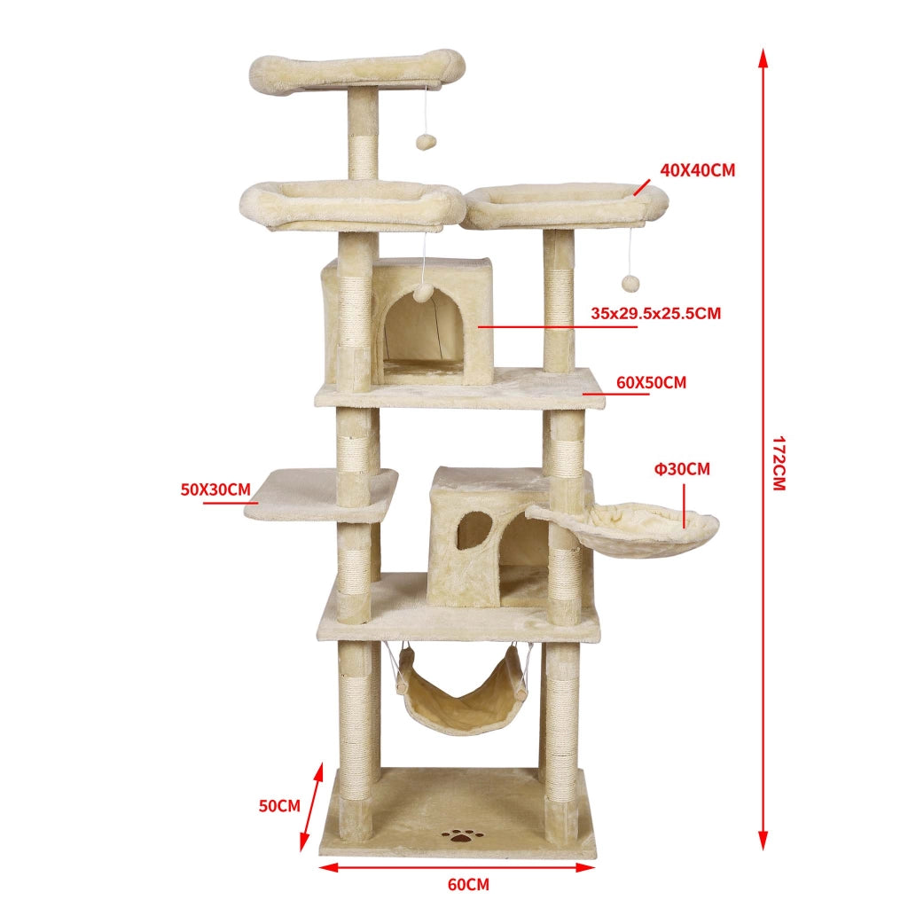 Albero tiragraffi beige con motivo a zampe 172cm Con amache, cucce per gatti e palline