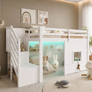 Letto a soppalco 90x200 cm bianco con scala contenitore e finestra
