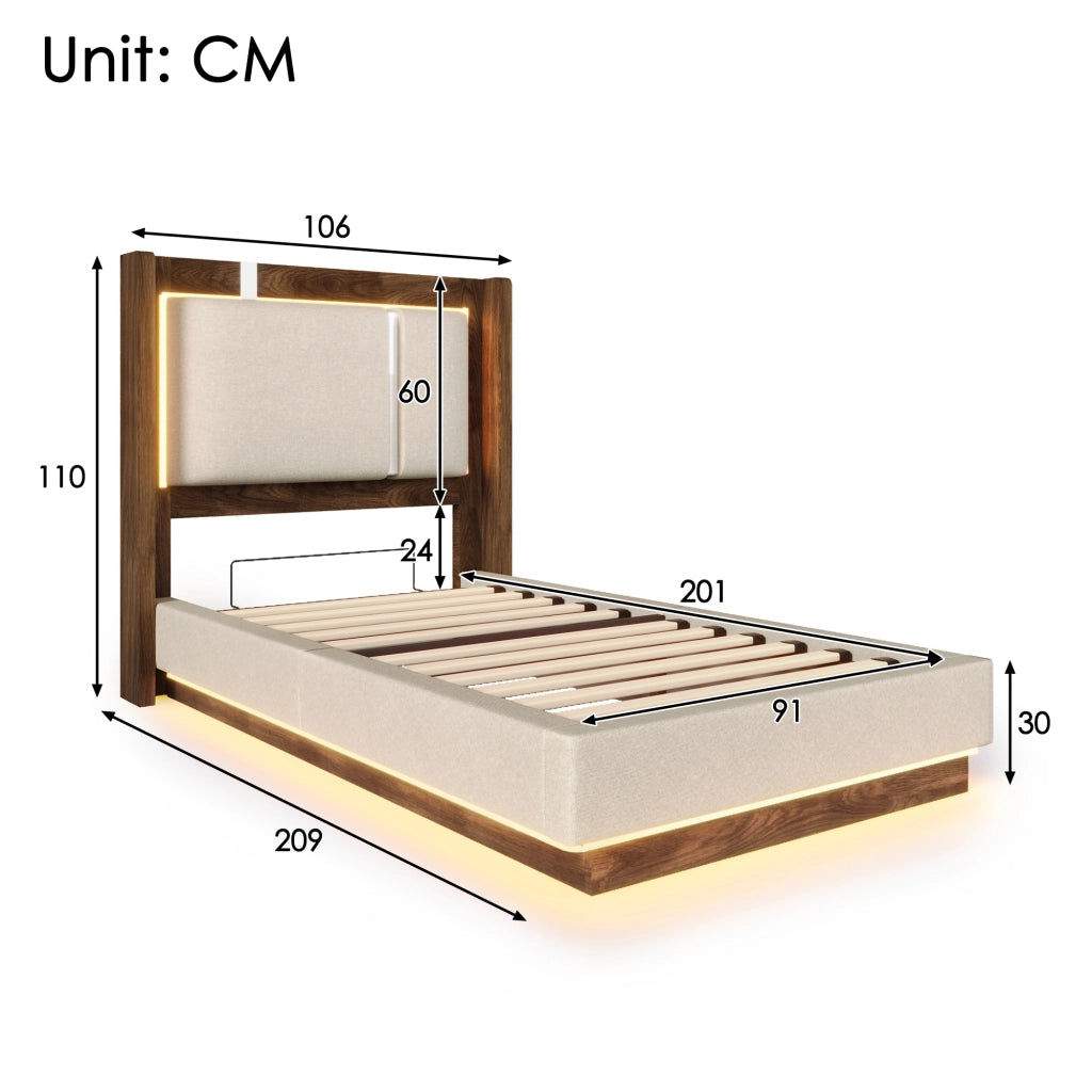 LETTO 90x200 cm con LED, contenitore idraulico, lino beige e noce