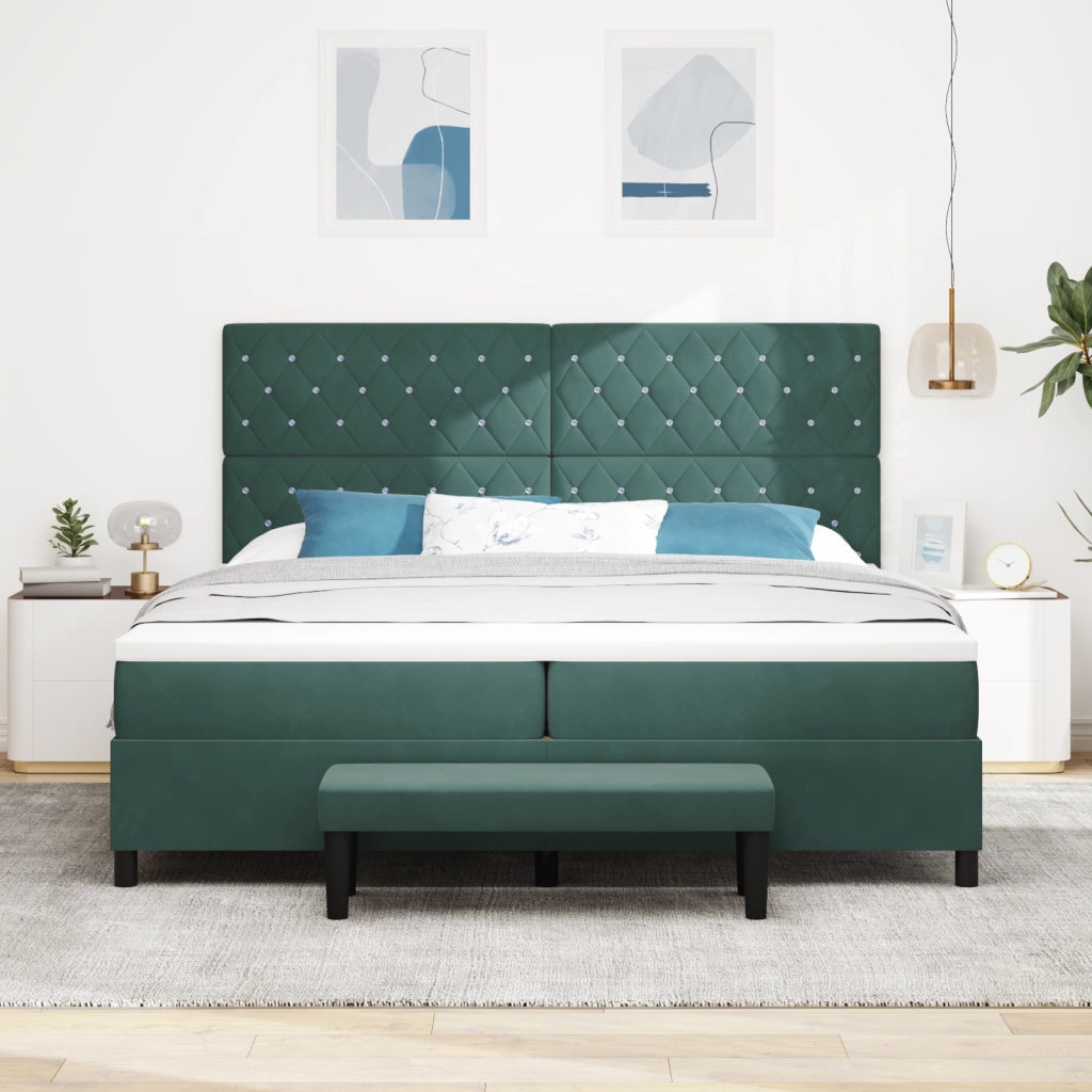 Letto a molle con materasso e panchina verde scuro 200x200 cm velluto