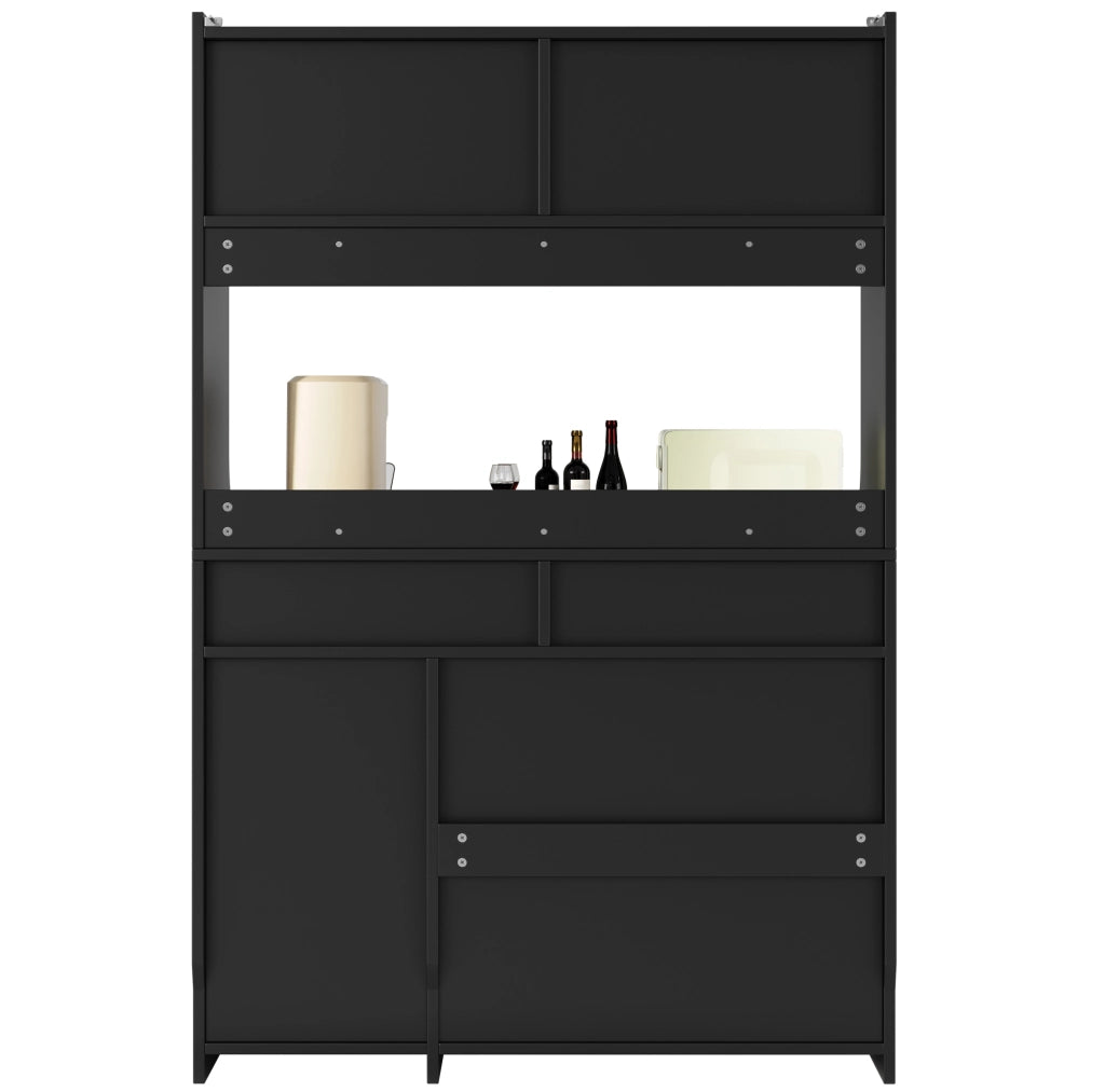Credenza alta con LED e ante scorrevoli in vetro, nera