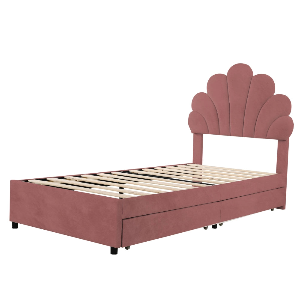 DESMIU Letto per Bambini 90 × 200 cm 1 Posto con 2 Cassetti e Testiera Floreale, senza materasso, Rosa