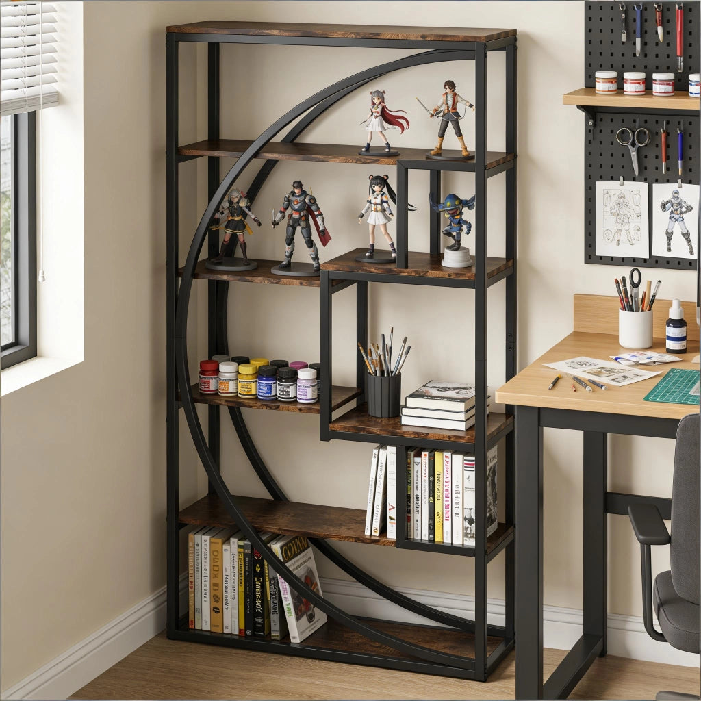 Libreria moderna a 6 livelli con 8 vani aperti in metallo nero e legno marrone rustico 80x30x179 cm