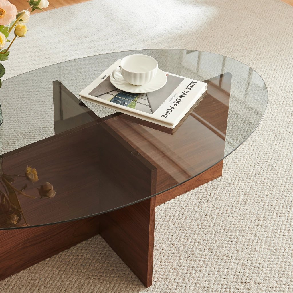 Tavolino da Caffè Viroya con Piano Ovale in Vetro Fumé 100 x 60 x 36 cm Effetto Noce/Grigio [en.casa]