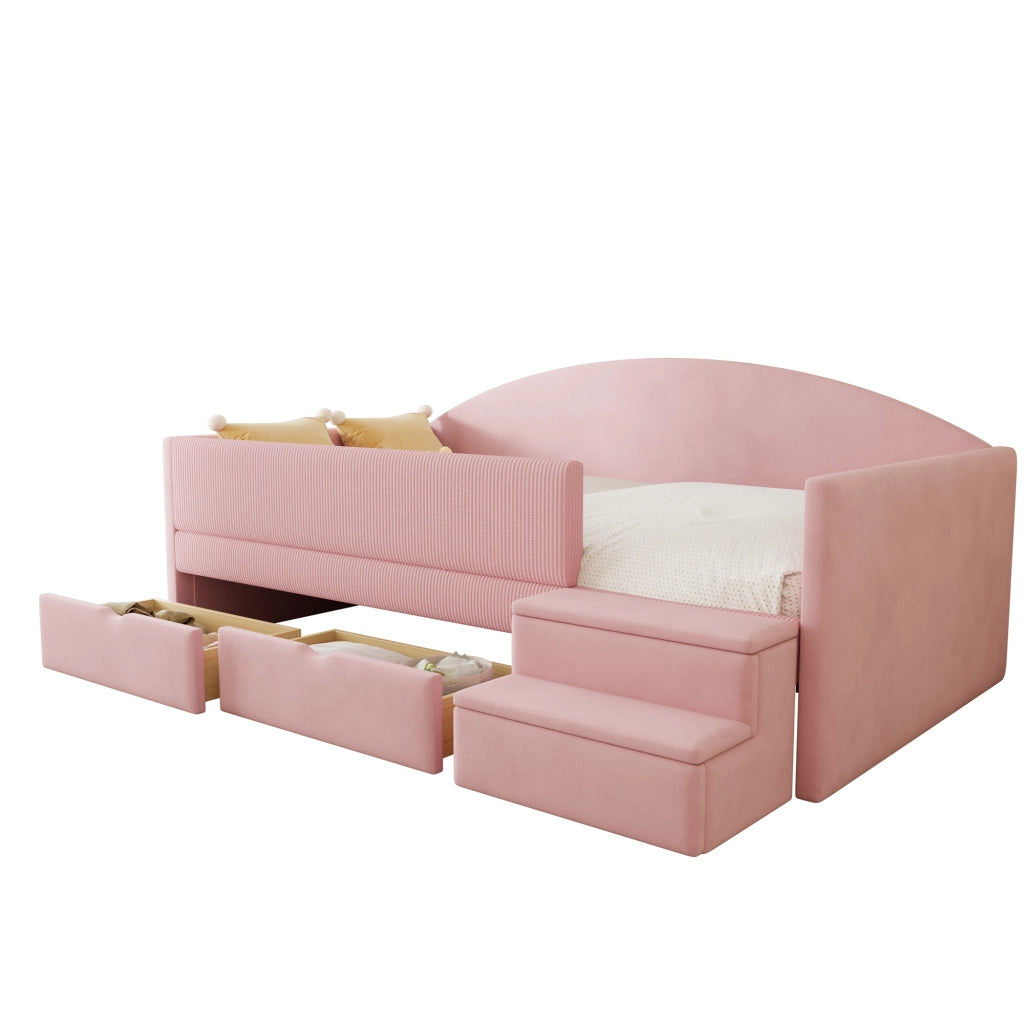 Letto per bambini 90 × 190 cm con 2 cassetti, barriera e scalini, senza materasso, in velluto, rosa