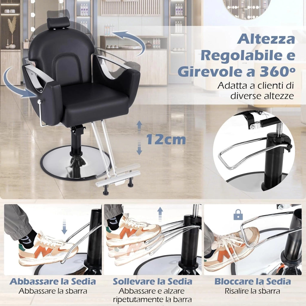Poltrona da Barbiere Girevole, Sedia da Salone Reclinabile con Altezza Regolabile, Girevole a 360° con Pompa Idraulica, Poggiatesta, Portata 150 kg (Nero)